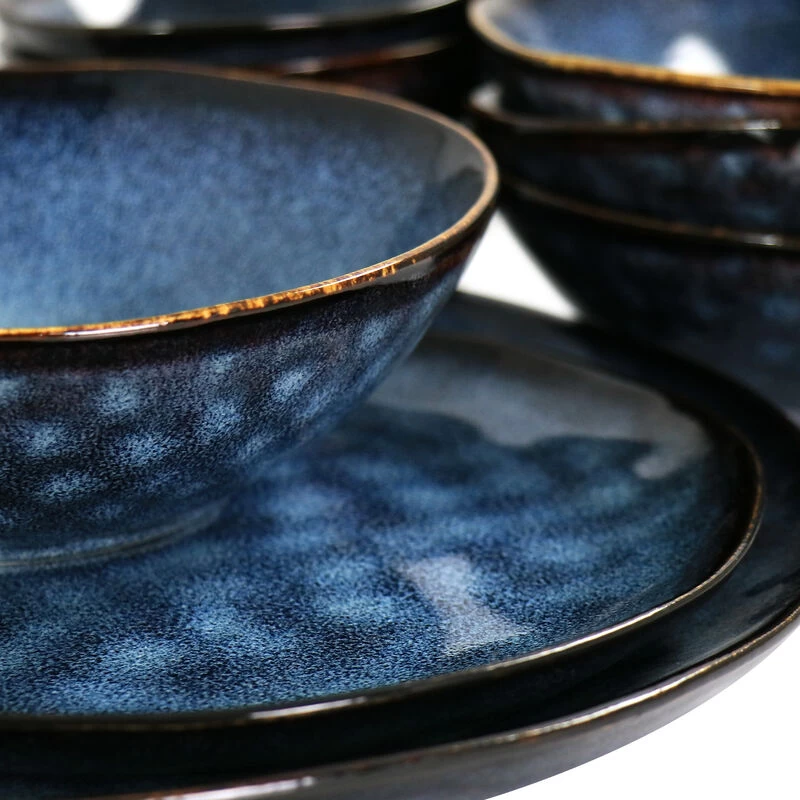 Elama Lucca 20 Piece Round Stoneware Triple Bowl Dinnerware Set In Reactive Glaze Blue - Image 7