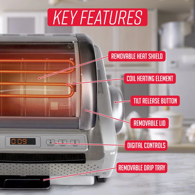 Ronco EZ-Store Rotisserie Oven, Large Capacity (15lbs) Countertop Oven, Multi-Purpose Basket For Versatile Cooking, Digital Controls & Compact Storage Red - Image 5