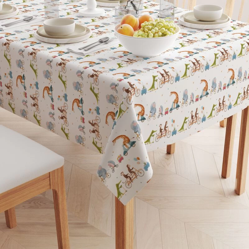 Fabric Textile Products, Inc. Square Tablecloth, 100% Cotton, Animals On Bikes Design White - Image 2