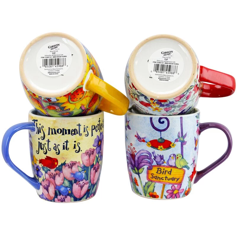 Gibson Birdhouse Floral 18 Oz Cup Set, Set Of 4 Assorted Designs - Image 2