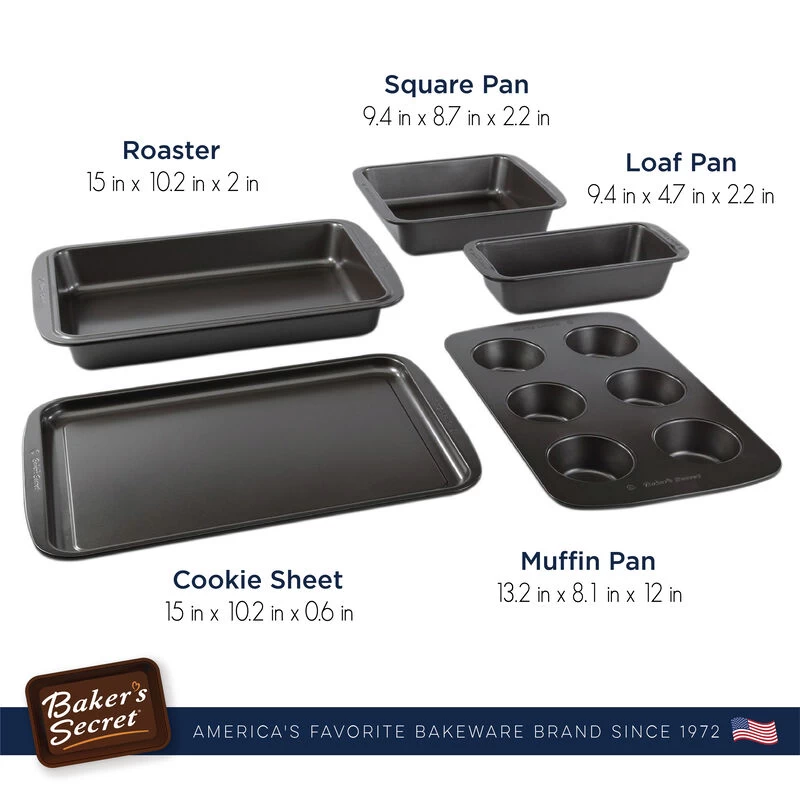Baker's Secret Bakeware Set Of 5 Pans, Stackable Nestable, Easy To Store, Nonstick Coating, Durable Carbon Steel Construction, Essentials Line,Dark Gray - Image 2