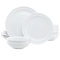 Martha Stewart 12 Piece Fine Ceramic Rimmed Dinnerware Set In White