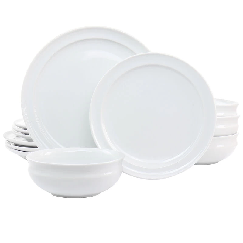 Martha Stewart 12 Piece Fine Ceramic Rimmed Dinnerware Set In White