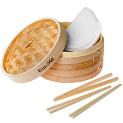 2-Tier Bamboo Steamer For Cooking Dumplings, Vegetables, Meat, Fish, Rice - Bamboo Steamer Basket 10 Inch With 2 Pairs Chopsticks, Tongs And 50 Paper Liners