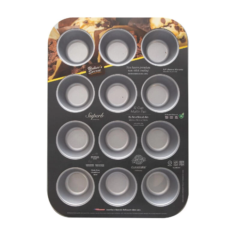 Baker's Secret 12cup Muffin Cupcake Pan, 2Layers Non-stick Coating, Aluminized Steel, Dark Gray, Superb Collection