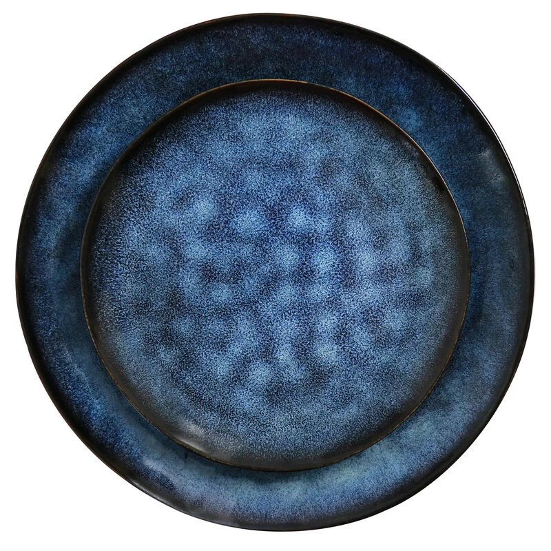 Elama Lucca 20 Piece Round Stoneware Triple Bowl Dinnerware Set In Reactive Glaze Blue - Image 6