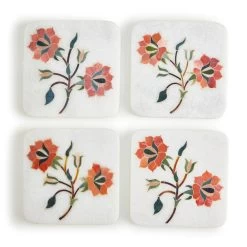 Oriental Bloom Marble Coasters, Set Of 4