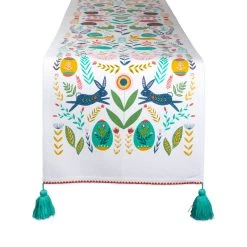 72" White And Blue Easter Eggs Printed Table Runner With Tassel Edges