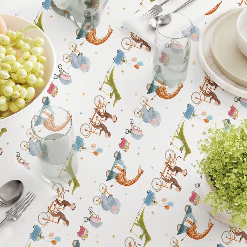 Fabric Textile Products, Inc. Square Tablecloth, 100% Cotton, Animals On Bikes Design White - Image 3