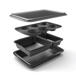 Baker's Secret Bakeware Set Of 5 Pans, Stackable Nestable, Easy To Store, Nonstick Coating, Durable Carbon Steel Construction, Essentials Line,Dark Gray