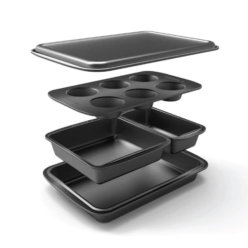 Baker's Secret Bakeware Set Of 5 Pans, Stackable Nestable, Easy To Store, Nonstick Coating, Durable Carbon Steel Construction, Essentials Line,Dark Gray