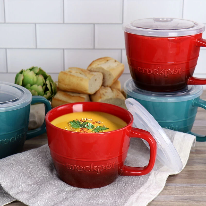 Crock-Pot Crock Pot Swinton 4 Piece 22 Ounce Stoneware Soup Cup Set With Lids In Teal And Red - Image 2